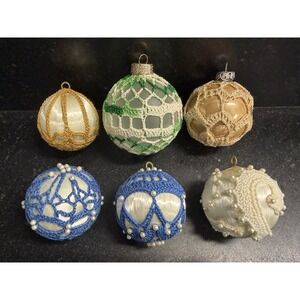 Lot Of 6 Vtg Handmade Satin Thread Crochet Christmas Ball Ornaments Pearls Lace